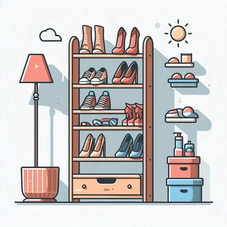 Vector illustration of a shelf with shoes and accessories in a flat styleのイラスト素材