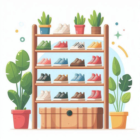 Vector illustration of a shelf with different shoes in a flat style.のイラスト素材