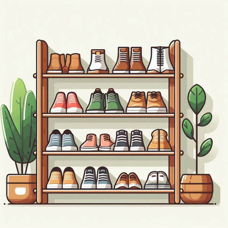 Vector illustration of a shoe store shelf with different types of shoes.のイラスト素材