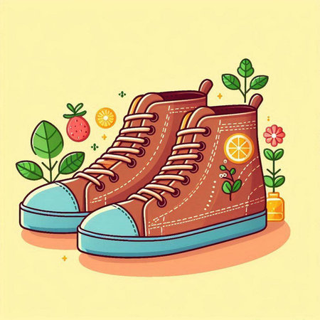 Vector illustration of shoes with flowers and fruits on a yellow background.のイラスト素材