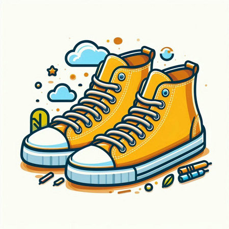 Vector illustration of a pair of yellow sneakers. Cartoon style. Vector illustration.のイラスト素材