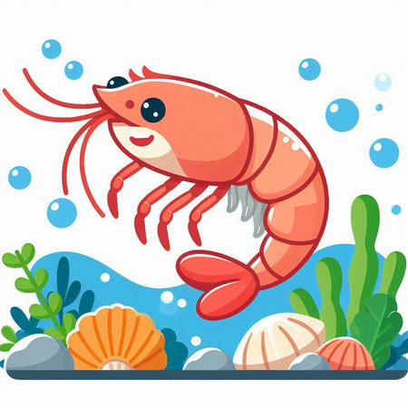 Shrimp and shell on a white background. Cartoon vector illustration.のイラスト素材