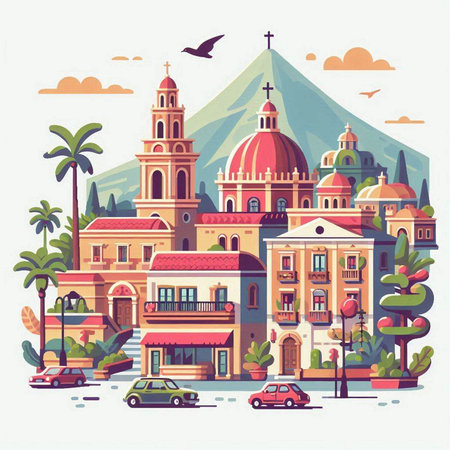 Cityscape with church, palm trees and mountains. Vector illustration.のイラスト素材