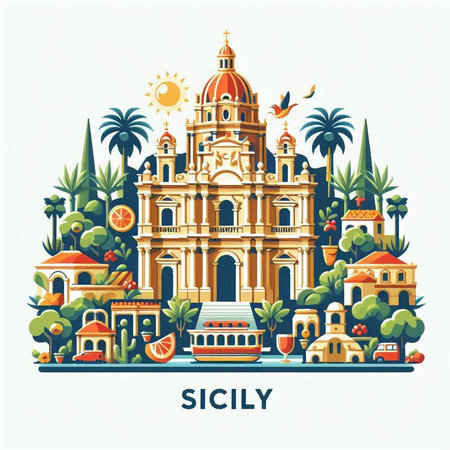 Sicily city skyline. Colorful vector illustration in flat styleのイラスト素材