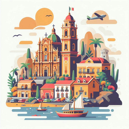 Vector illustration of old european city in flat style. Travel concept.のイラスト素材
