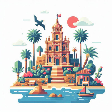 Tropical island with palm trees, boats and buildings. Vector illustrationのイラスト素材
