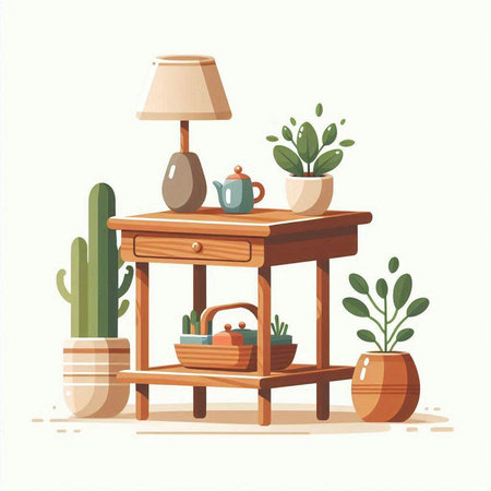 Illustration of a wooden nightstand with a table lamp and a pot with cactiのイラスト素材