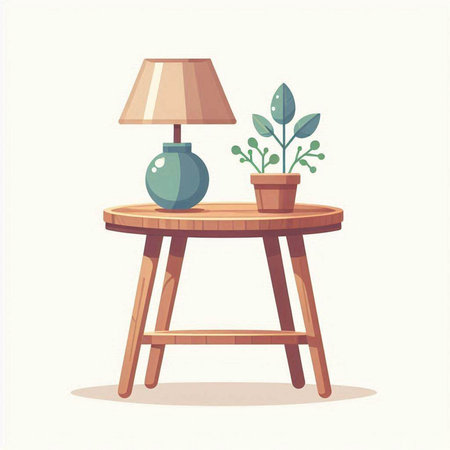 Wooden table with lamp and plant. Vector illustration in cartoon styleのイラスト素材