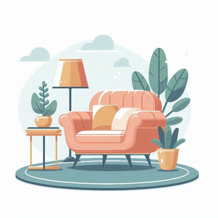 Living room interior with sofa, lamp and plants. Vector illustration.のイラスト素材