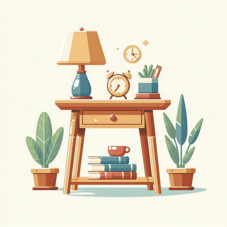 Wooden table with books, lamp, clock and plants. Vector illustrationのイラスト素材