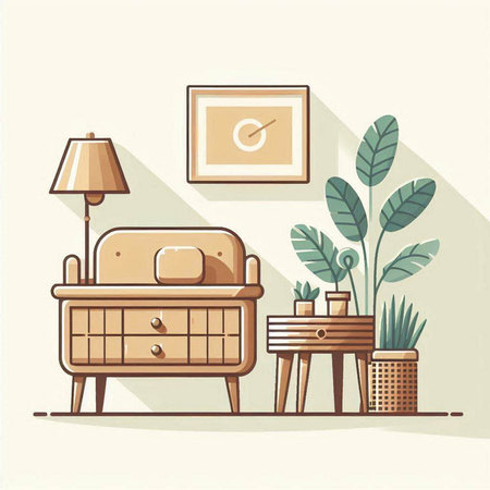 Living room interior with furniture and plants. Flat design vector illustration.のイラスト素材