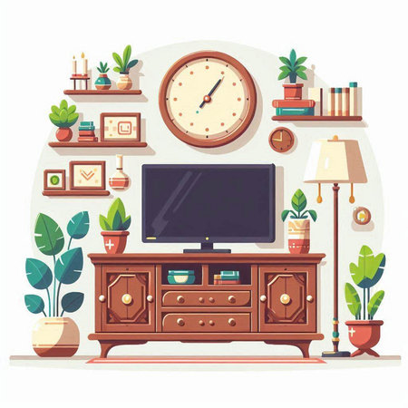 Living room interior with furniture, tv, bookshelf and plants. Vector illustrationのイラスト素材