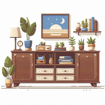 Wooden chest of drawers with books and plants. Vector illustration.のイラスト素材