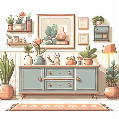 Interior of the living room with furniture and plants. Cartoon vector illustration.のイラスト素材
