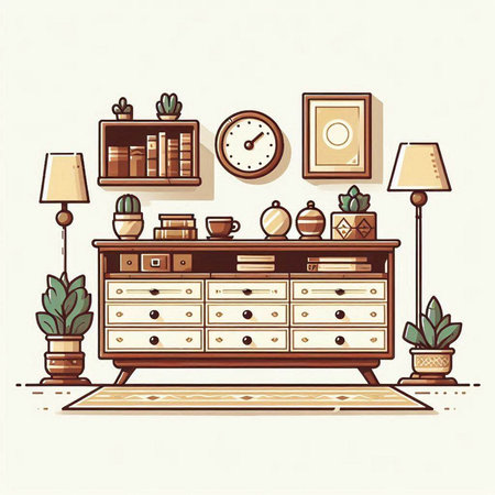 Vector illustration of living room interior design with furniture, bookshelf, clock, books, potted plants and lamp.のイラスト素材