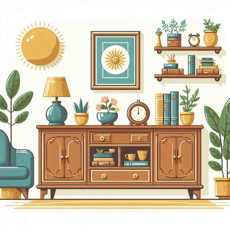 Vector illustration of living room interior with furniture, bookshelf, clock and plants.のイラスト素材