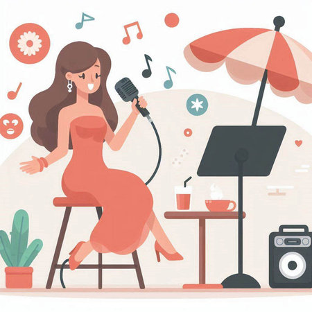 Woman singing in the living room. Vector illustration in flat style.のイラスト素材