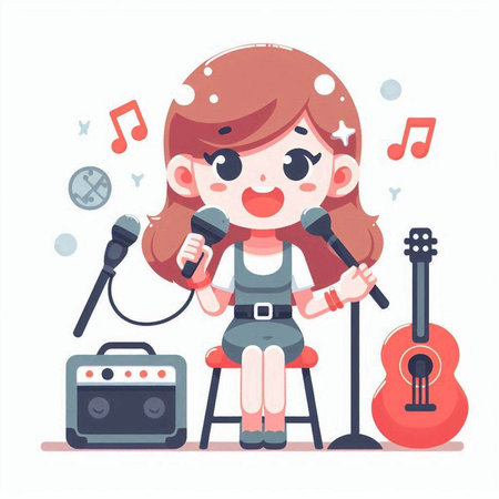 Cute Little Girl Singing with Microphone and Guitar Vector Illustrationのイラスト素材