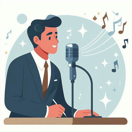Vector illustration of a man in a suit singing into a microphone.のイラスト素材