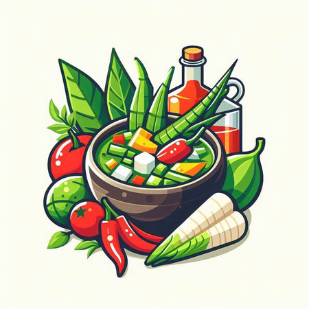 Illustration of a bowl of vegetable salad with olive oil, tomato and pepperのイラスト素材