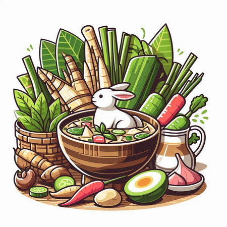 Vegetable soup in wooden bowl. Vector illustration of Thai food.のイラスト素材