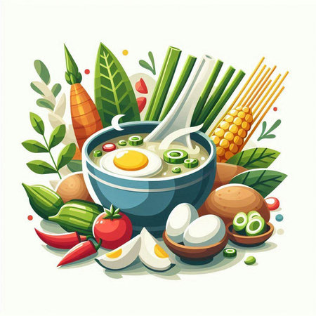 Vegetable soup with eggs and vegetables. Vector illustration in cartoon styleのイラスト素材