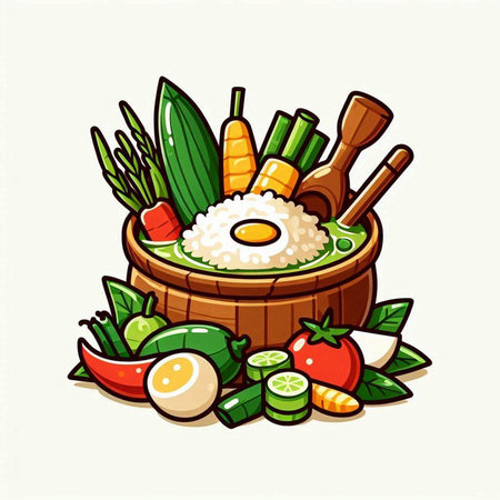 Illustration of a bowl of rice with various vegetables and herbs.のイラスト素材