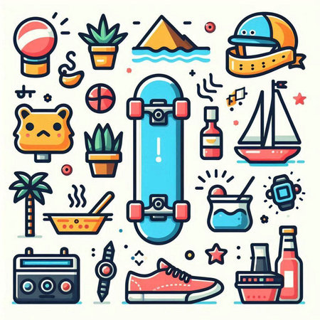Vector line art icons set with skateboard, skateboard, bottle of beer, teddy bear and other elements.のイラスト素材