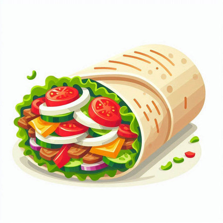 Tortilla wrap with meat and vegetables isolated on white background.のイラスト素材