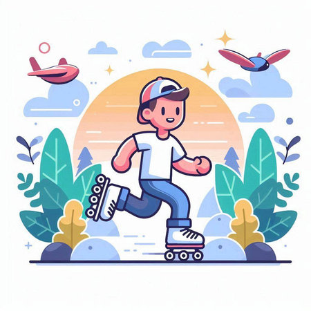 Boy on roller skates in the park. Flat vector illustration.のイラスト素材