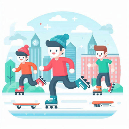 Vector illustration of a group of people skating on a skateboard in the cityのイラスト素材
