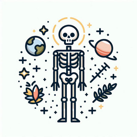 Skeleton with planets and stars. Vector illustration in linear style.のイラスト素材