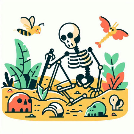 Halloween flat vector illustration. Skeleton with scythe on the ground.のイラスト素材