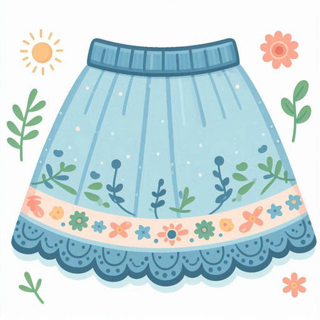 Illustration of a cute skirt with flowers and leaves on a white backgroundのイラスト素材