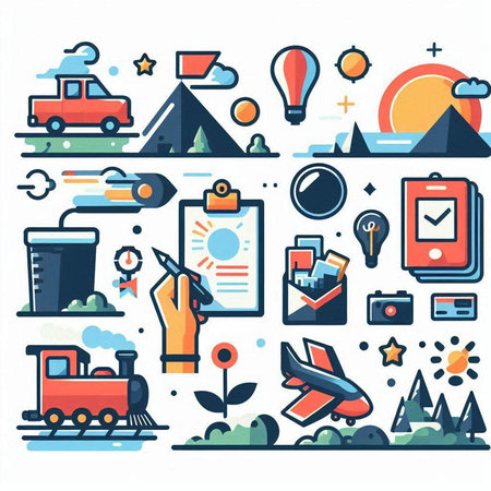 Flat line design of travel and camping icons set. Vector illustrationのイラスト素材