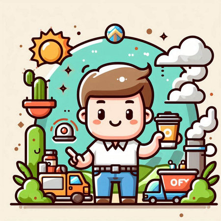 Cute cartoon boy with coffee in the park. Vector illustration.のイラスト素材