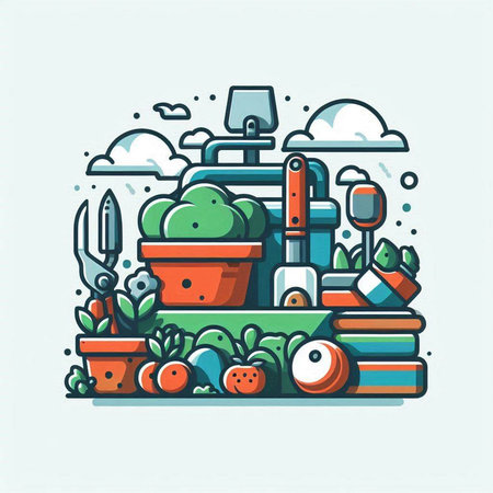 Colorful vector illustration of a set of gardening tools and plants.のイラスト素材