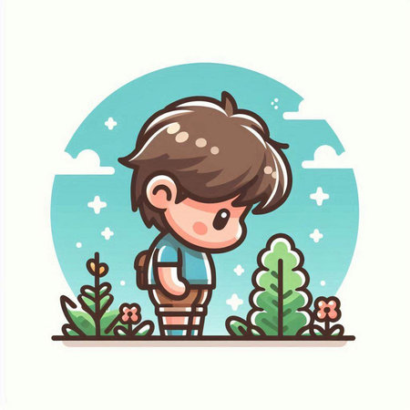 Cute little boy playing in the garden. Vector cartoon illustration.のイラスト素材