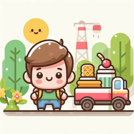 Boy with ice cream truck in the park. Cute cartoon vector illustration.のイラスト素材