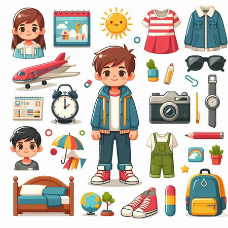 Vector illustration of a boy and girl in different clothes and accessories.のイラスト素材