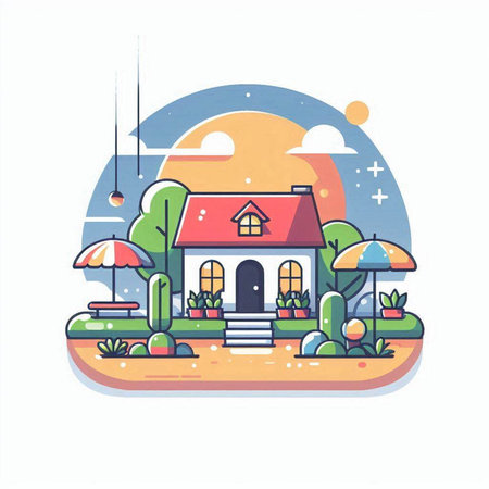Vector illustration of house in the park on white background. Flat style.のイラスト素材