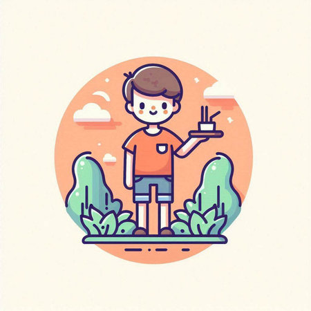 Boy playing in the park. Vector illustration in a flat style.のイラスト素材