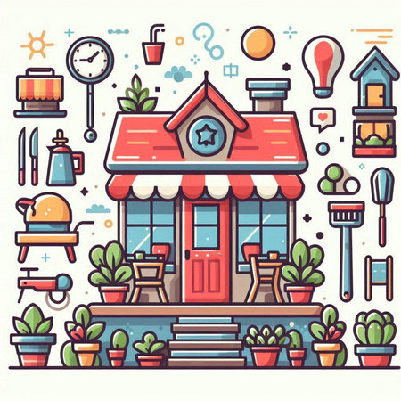 Vector illustration of a cozy home with furniture and plants. Linear style.のイラスト素材