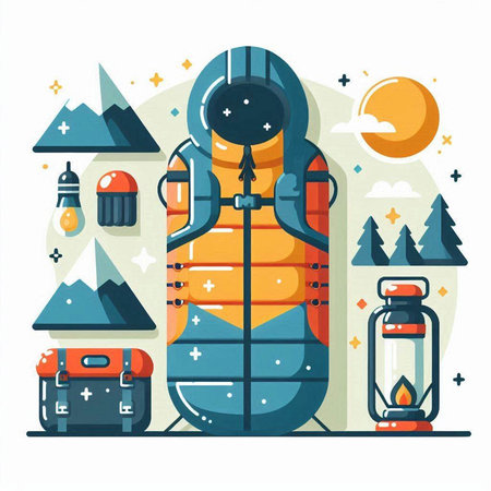 Camping flat vector illustration. Tent, flashlight, backpack, lantern, mountain landscape. Adventure and travel concept.のイラスト素材