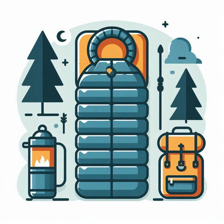 Camping equipment. Vector illustration in flat linear style on white background.のイラスト素材
