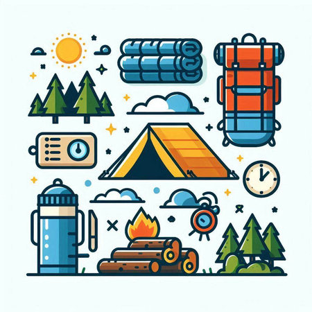 Camping and hiking icons set. Vector illustration in line art styleのイラスト素材