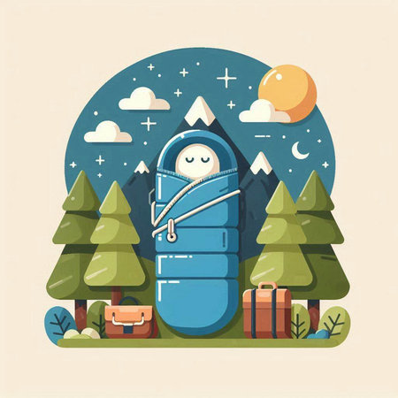 Vector illustration of a sleeping bag in the forest. Flat style.のイラスト素材