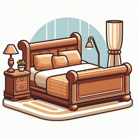 Vector illustration of a cartoon bed with pillows and a lamp.のイラスト素材