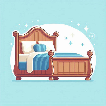 Wooden bed with pillows in cartoon style. Vector illustration.のイラスト素材