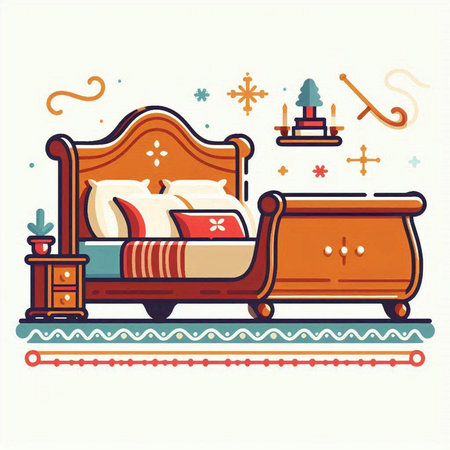Vector illustration of a vintage bed with pillows and bedside tableのイラスト素材